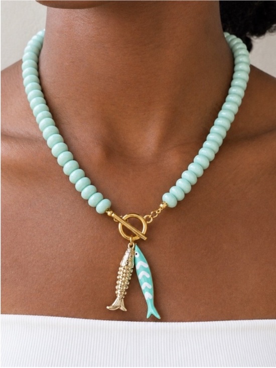 Anthropologie Jewelry - New! Coastal Cyan Beaded Carabiner Gold Fish Sardines Necklace (4015) NWOT